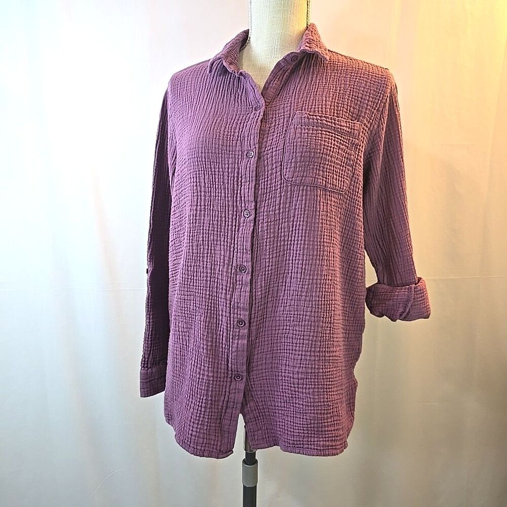 Anne Klein Jeans Size Small Purple 100% Cotton Gauze Top Shirt Roll Tab Sleeve